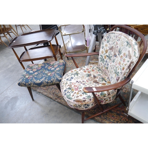 2357 - A dark Ercol chair frame and stool for reupholstery