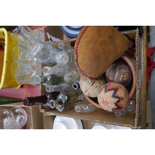 2381 - A box of vintage glass bottles and a leather water flask   (R)