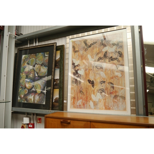 2412 - A collection of large framed prints including wood frame, metal frame and a gilt landscape collage a... 