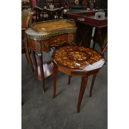 2213 - An Italian style kidney shaped occasional table together with an inlaid coffee table/sewing box and ... 