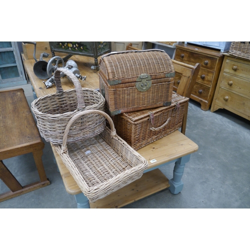 2292 - A wicker hamper basket with F&M stencilling together with three baskets (4)