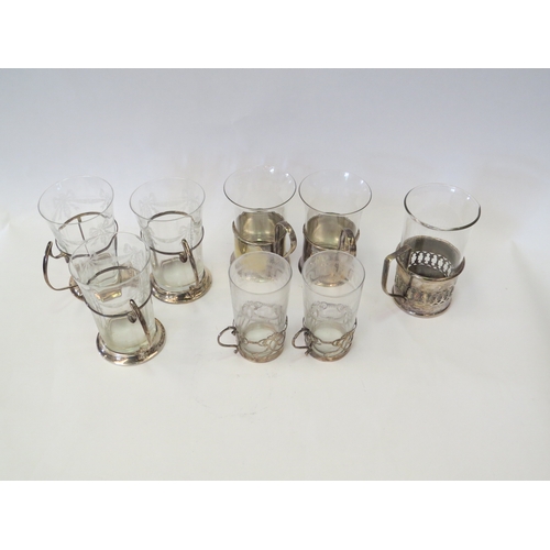 1092 - Mixed silver and silver plate, etched and plain, glass cups in holders.