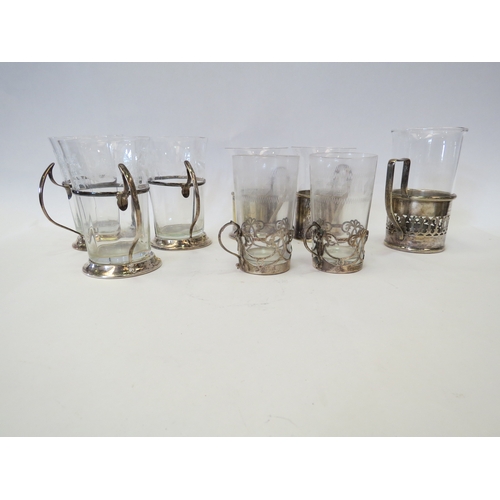 1092 - Mixed silver and silver plate, etched and plain, glass cups in holders.