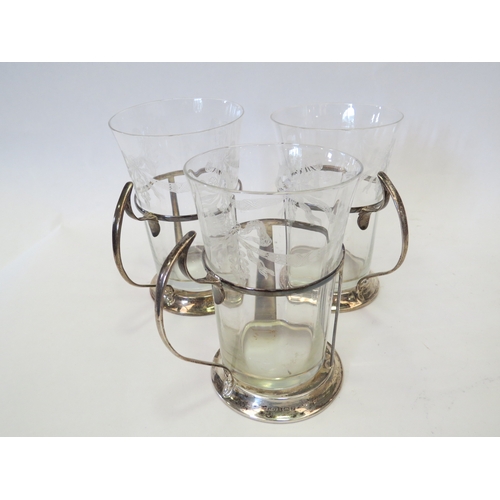 1092 - Mixed silver and silver plate, etched and plain, glass cups in holders.