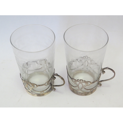 1092 - Mixed silver and silver plate, etched and plain, glass cups in holders.