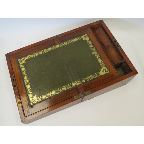 1097 - 19th Century brass-bound burr walnut writing slope, gold-embossed green leather lining, key missing.