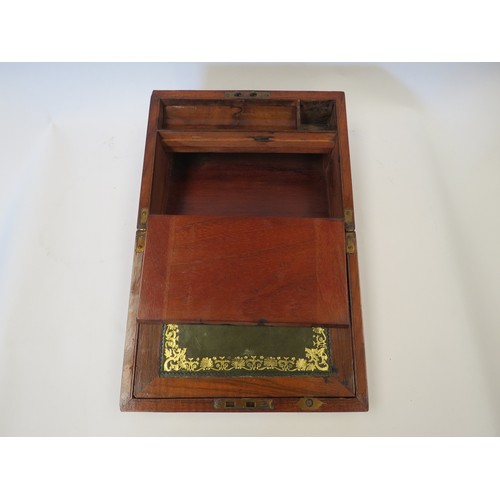 1097 - 19th Century brass-bound burr walnut writing slope, gold-embossed green leather lining, key missing.