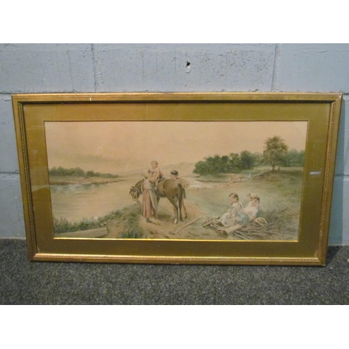 4023 - A 19th Century framed and glazed watercolour, children on river bank with pony. Unsigned. Image size... 