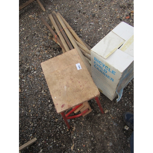 3391 - A quantity of wooden tool handles, a set of steps and a boxed child carrier