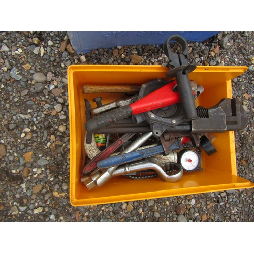 3409 - A box of tools including a foot pump, etc