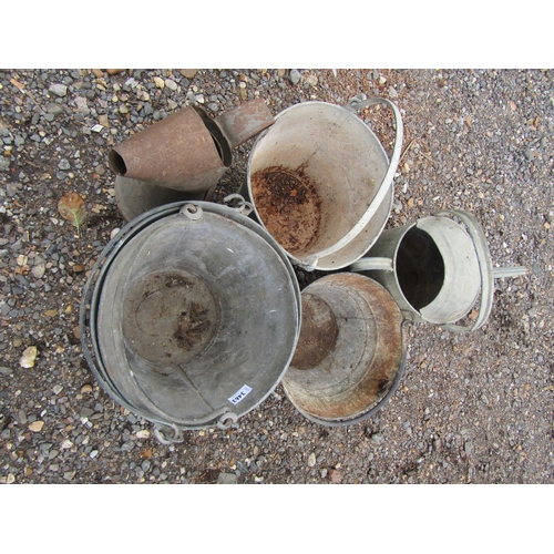 3463 - Four galvanised buckets, an oil jug and a galvanised watering can