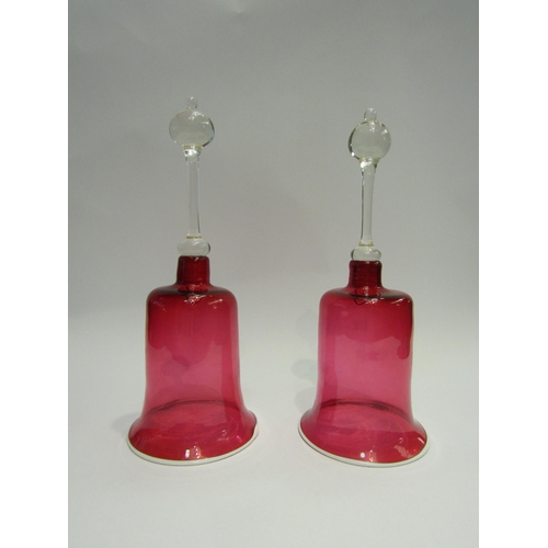 4412 - A pair of Victorian cranberry glass bells, no clangers  (C)