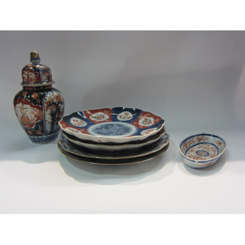 4278 - Two Imari palette Oriental scallop dishes, Imari palette ginger jar and cover, dishes, etc. (6)