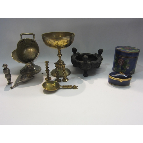 4308 - A quantity of miscellaneous metalwares to include brass caddy spoon, miniature candlesticks, plated ... 