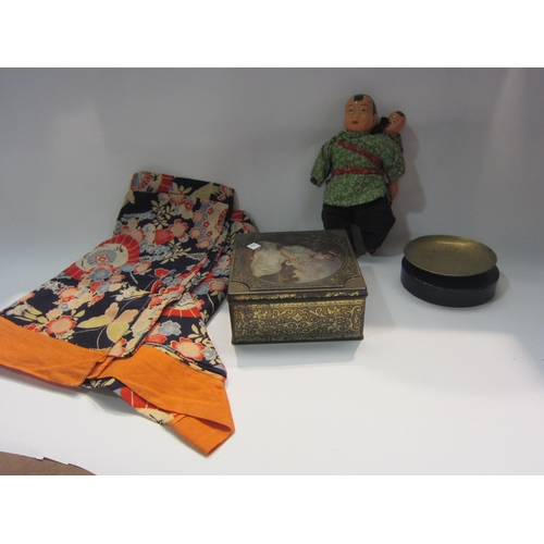 4314 - An Oriental cotton robe, a brass shallow form dish marks to base, Chinese doll, a lacquered lidded p... 