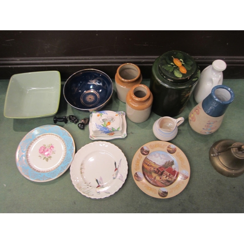 4321 - A group of ceramic domestic bygones to include two stoneware jars and a hand-painted wooden storage ... 