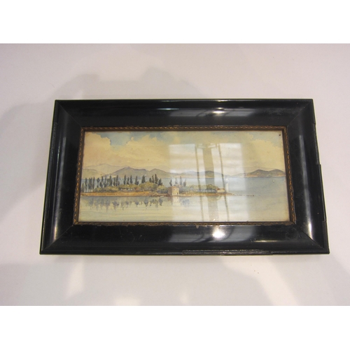 4417 - A watercolour of Italian lake scene, framed and glazed, 11.5cm x 25cm image size