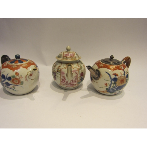 4445 - Three Oriental spherical teapots, two in the Imari palette, the other white ground depicting figures... 