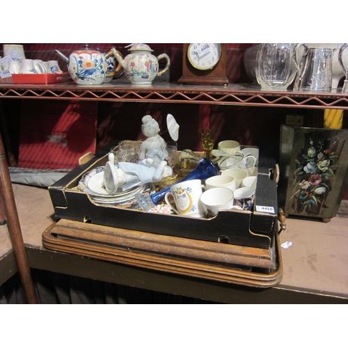 4450 - An oak twin handled tray, picture frames, tin of assorted items, bed warming pan and horse racing ga... 