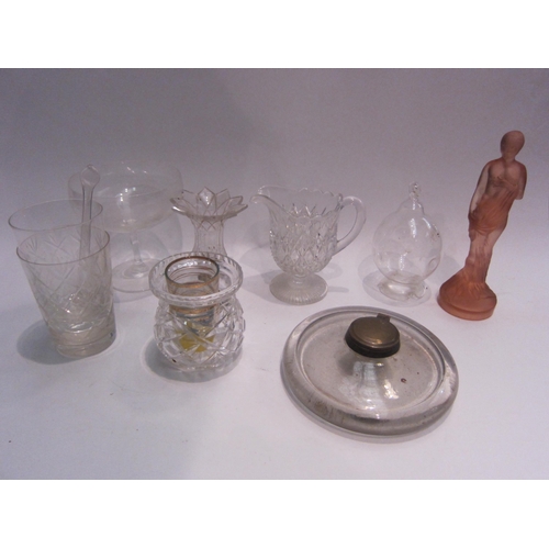 4473 - A box of miscellaneous glassware to include inkwell, lace maker's lamp, swizzle stick, etc.  (E)  £1... 