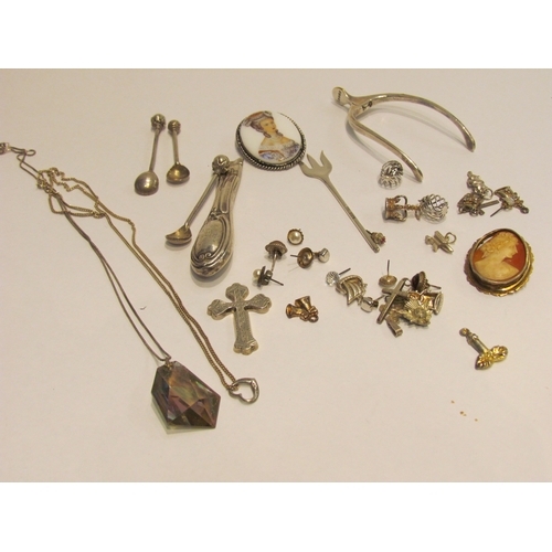 4400 - A box of silver and white metal bijouterie, cameo brooch, pickle fork, spur, etc.