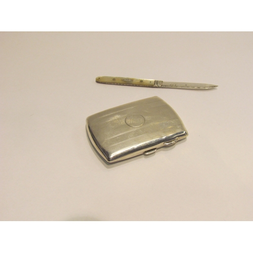 4403 - A Joseph Gloster silver engine turned cigarette case, Birmingham 1911, and a silver bladed fruit kni... 