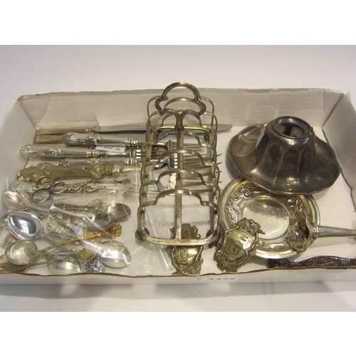 4426 - Scrap silver, souvenir spoons, silver handled knives and forks and plated items including toast rack... 