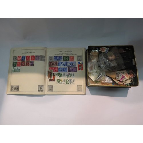 4316 - A tin containing stamp albums, loose stamps and coinage, etc