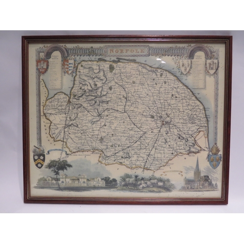 4438 - A map of Norfolk, 40cm x 50cm image size, and an Eve Levin (local artist) watercolour of fisherman t... 