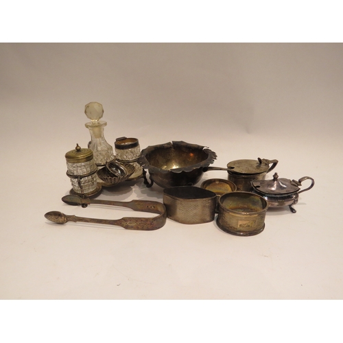 4330 - A quantity of miscellaneous silver and plated ware, mustard pot, serviette rings, cruet, etc