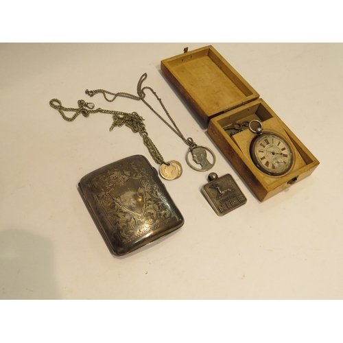 4332 - A silver cigarette case pendant, cognac label, chain set with coins and pocket watch