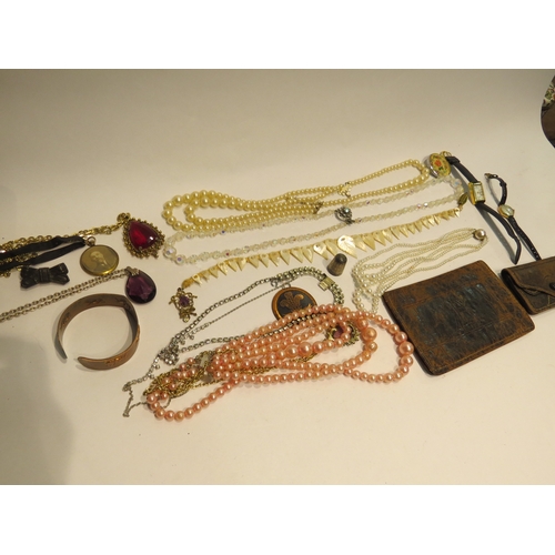 4335 - A small selection of costume jewellery, leather wallet, pouch and a Cyma lady's 9ct gold cased watch