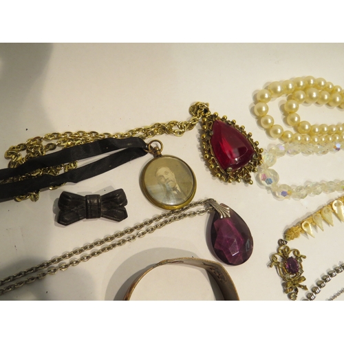 4335 - A small selection of costume jewellery, leather wallet, pouch and a Cyma lady's 9ct gold cased watch