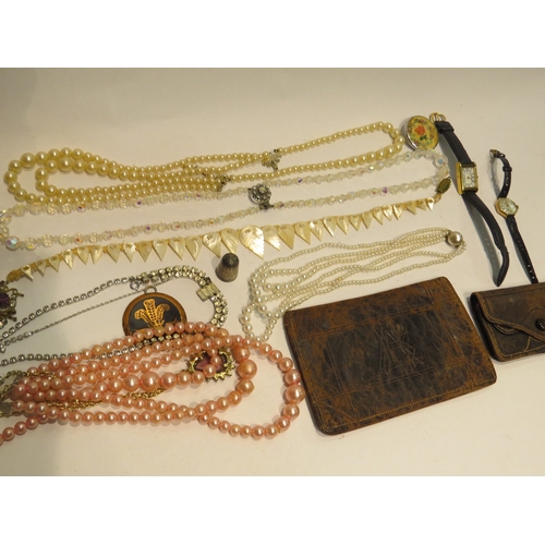 4335 - A small selection of costume jewellery, leather wallet, pouch and a Cyma lady's 9ct gold cased watch