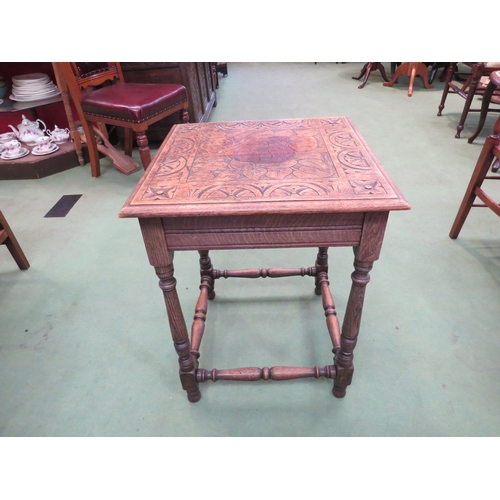 4220 - An oak carved top occasional table on turned supports, 62cm tall x 48cm wide