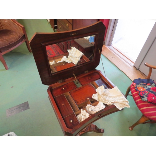 4231 - A 19th Century mahogany sewing box on carved base and tripod legs, 73cm tall x 50cm wide x 40cm deep