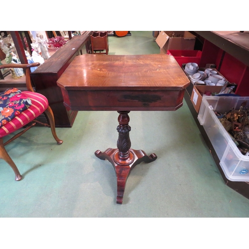 4231 - A 19th Century mahogany sewing box on carved base and tripod legs, 73cm tall x 50cm wide x 40cm deep