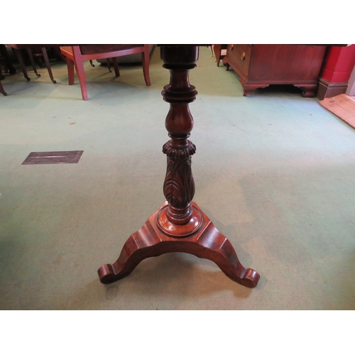 4231 - A 19th Century mahogany sewing box on carved base and tripod legs, 73cm tall x 50cm wide x 40cm deep