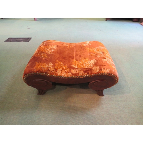 4237 - An oak footstool, velvet studded top, scrolled outswept legs