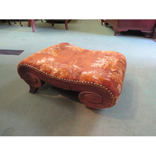 4237 - An oak footstool, velvet studded top, scrolled outswept legs