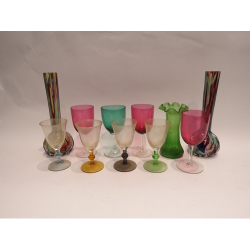 4252 - Three cranberry wine glasses, a green example, a pair of end of day vases, etc (11)