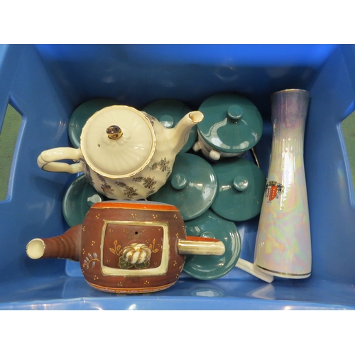 4256 - A box containing Denby Stoneware soup bowls and other various ceramics including teapots