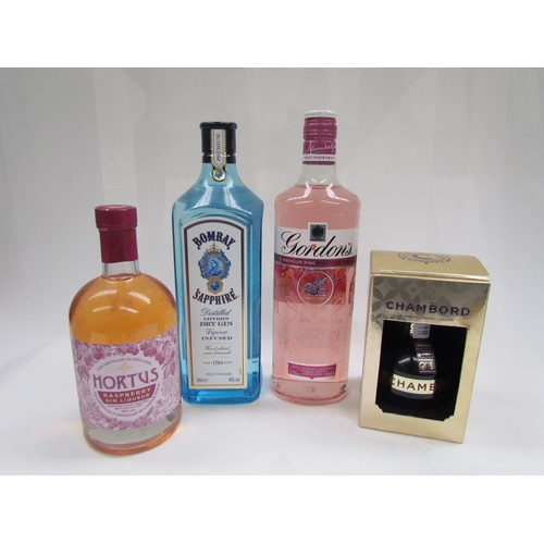 9081 - Horus Raspberry Gin Liqueur 50cl, Bombay Sapphire Gin 100cl, Gordon's Premium Pink Gin 70c, Chambord... 