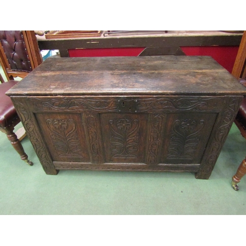 4025 - A late 17th  / early 18th Century carved oak panelled coffer with altered top (split), foliate front... 