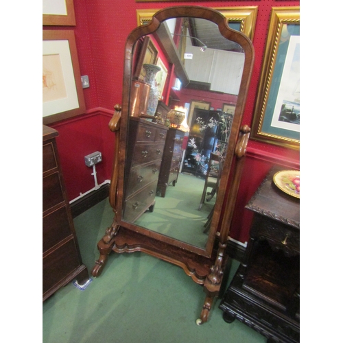 4045 - A large Victorian mahogany cheval mirror on ceramic castors, loss to veneer, 162cm high x 77cm width... 