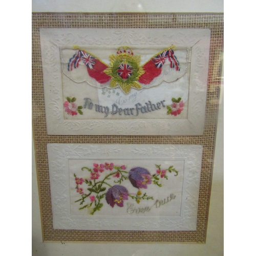 4065 - Four WWI embroidered silk postcards set in two framed and glazed displays