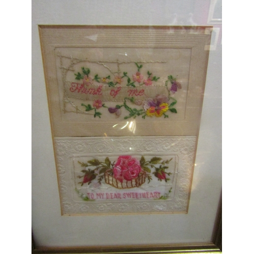 4065 - Four WWI embroidered silk postcards set in two framed and glazed displays