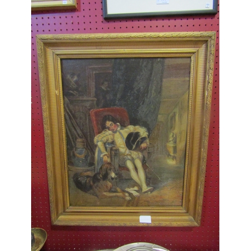 4066 - A 19th Century oil on canvas of a sleeping cavalier with hound.  Unsigned (overpainted).  Framed.  4... 