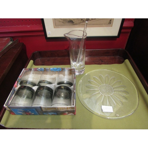 4100 - A collection of Dartington glass, six tumblers, jug with stirrer and cake plate, all labelled