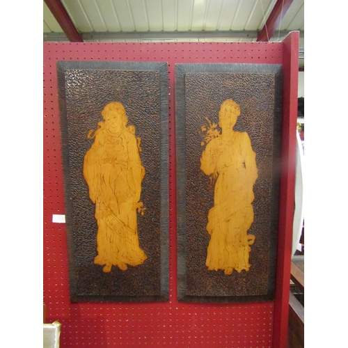 4102 - Two pokerwork panels of gent and lady, each 68cm x 29.5cm   (E) £25-35